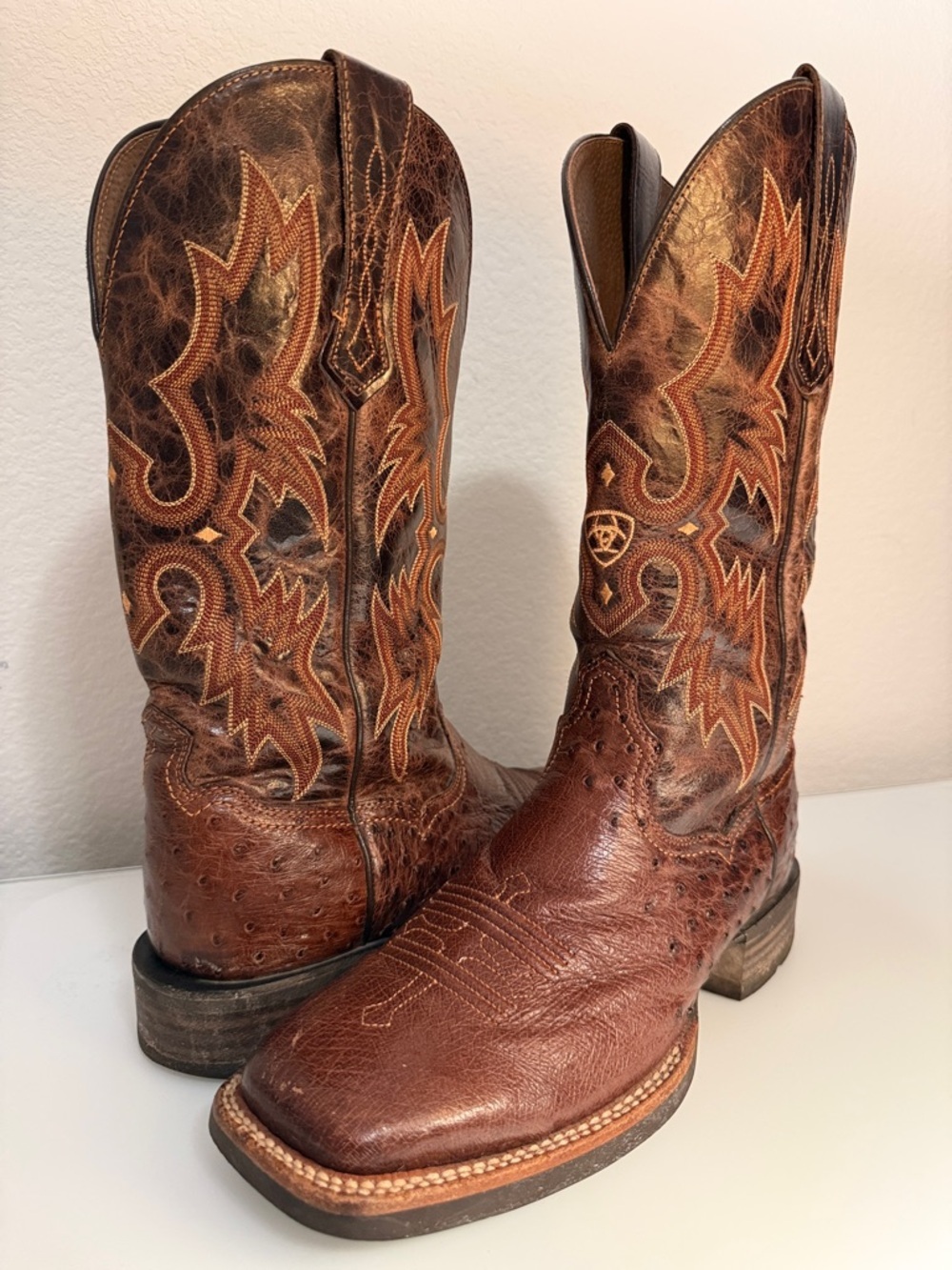 Ariat Men’s Tombstone Brown Leather Ostrich Western Cowboy Boots Size 8 D